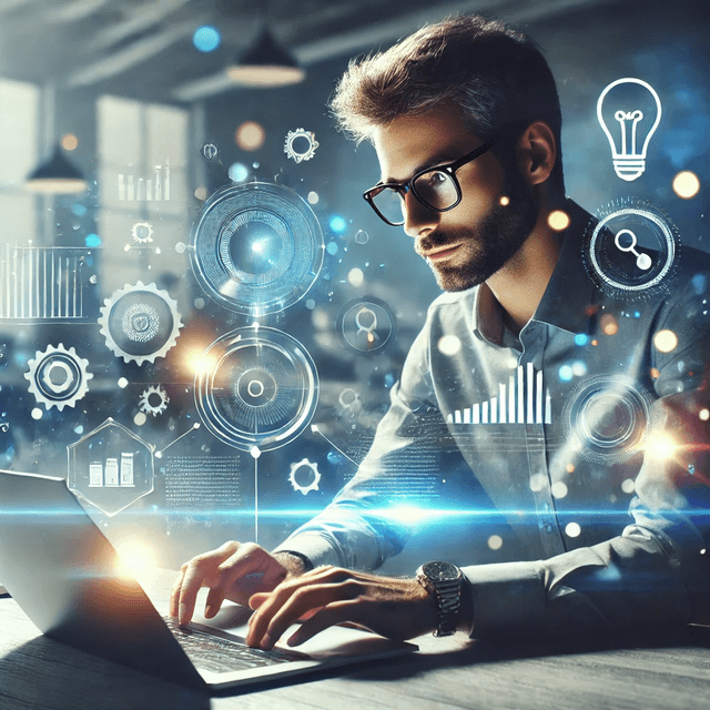 A man diligently working on his laptop, his fingers flying across the keyboard.